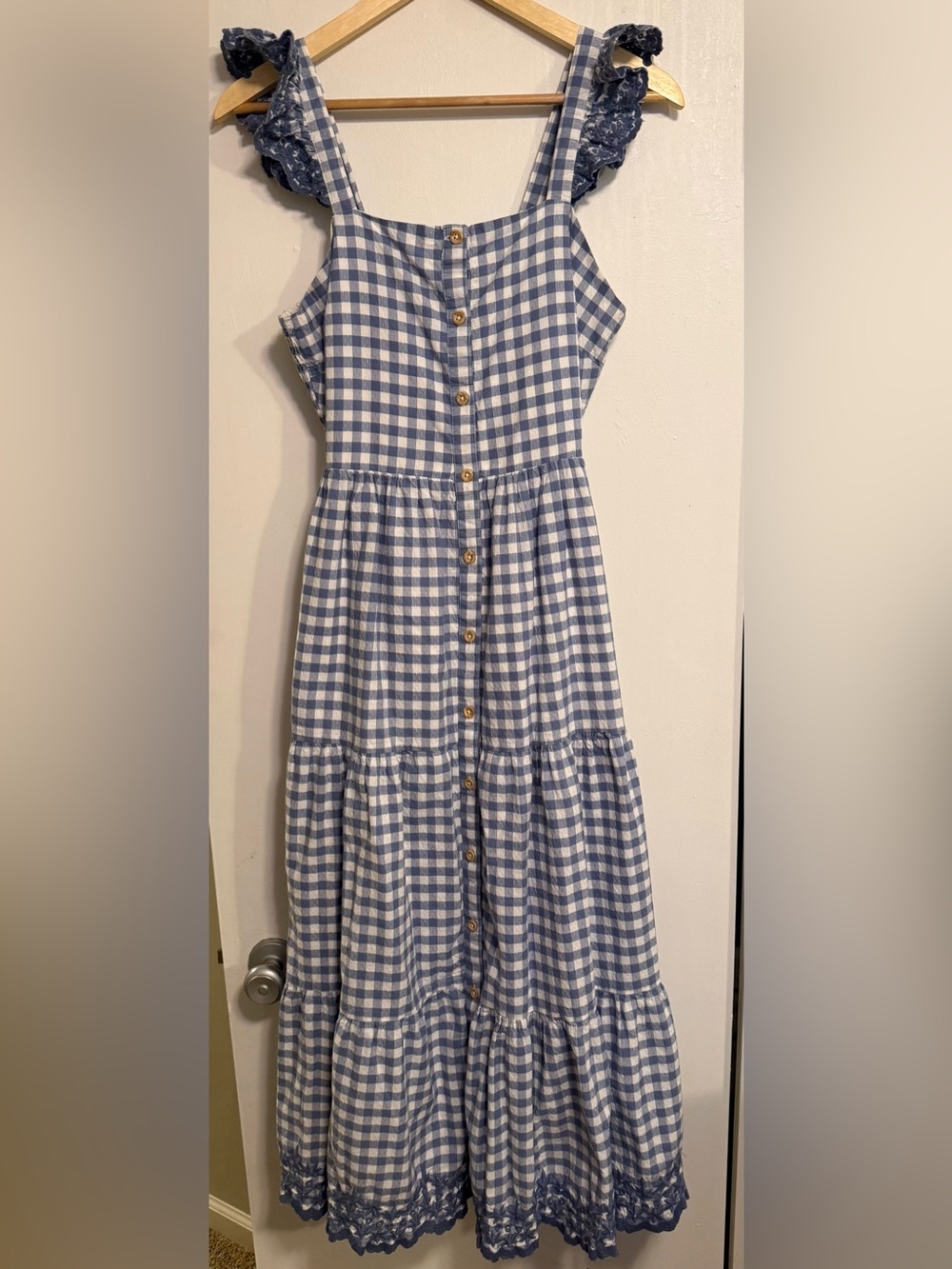 Shabby Chic Blue Gingham Embroidered Ruffle Strap Midi Dress | Size Small